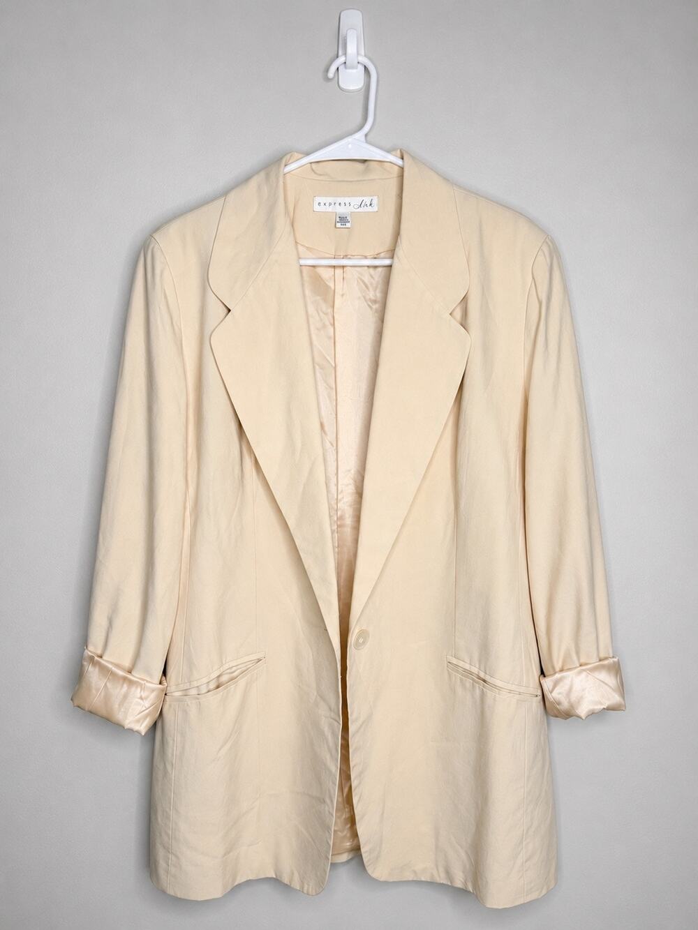 Express Silk 100% Silk Oversized Blazer Beige Cream Sz Large Vintage Minimalist - Picture 1 of 6